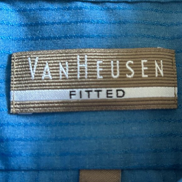 Van Heusen Mens Fitted Satin Stripe 70% Poly 30% Cotton Ocean Blue Dress Shirt - Picture 13 of 13